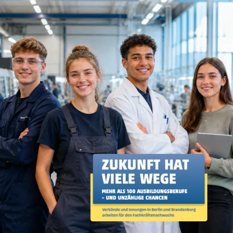 Titel, Broschüre, Ausbildung, UVB, Berlin, Brandenburg, "Zukunft hat viele Wege", 4 Auszubildende