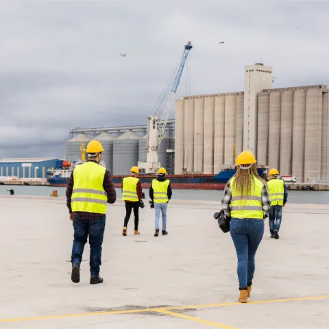 group; logistics; workers; port; walking; rear view; virtual; reality; goggles; merchandise; industry; teamwork; storage; management; harbour; commerce; construction; horizontal; transport; export; safety; container; shipping; man; cargo; freight; engineer; dock; technology; delivery; inspection; standing; male; loading; factory; photography; hardhat; cooperation; employee; team; person; harbor; occupation; multiracial; industrial; woman; transportation; manager; working; mature; group; logistics; workers; 